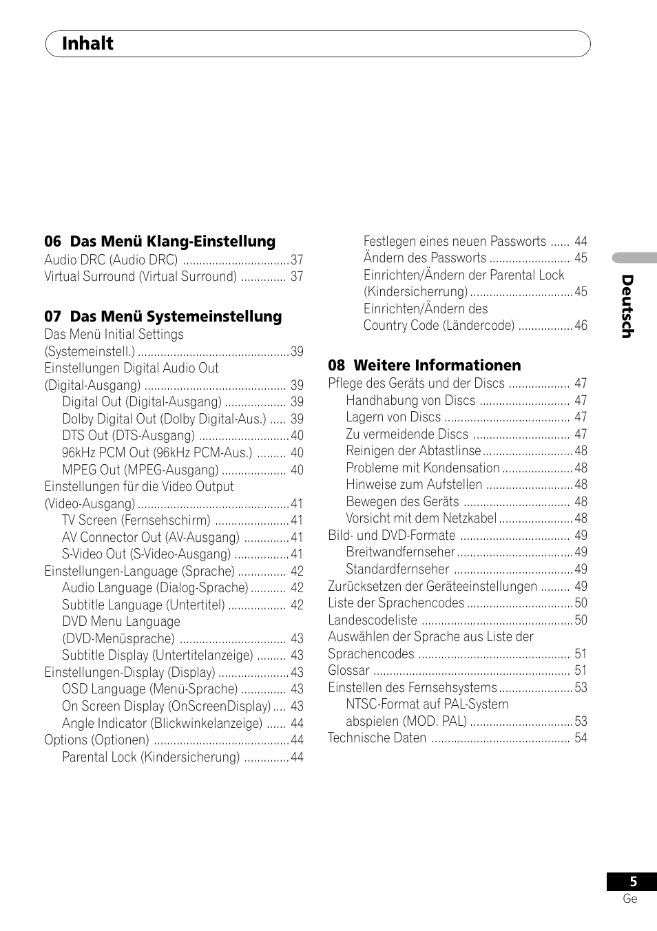 Inhalt | Pioneer DV-454-S User Manual | Page 59 / 108