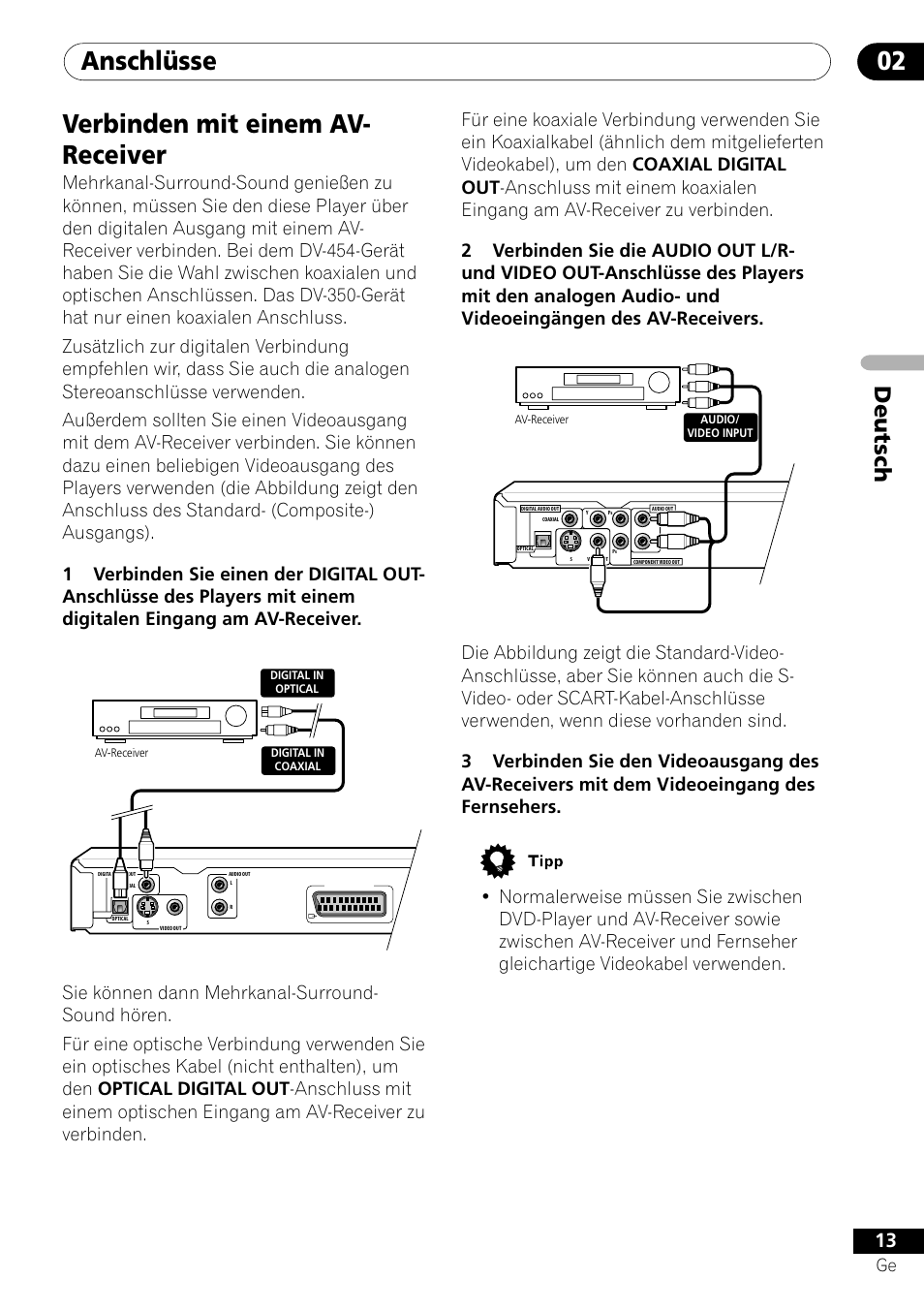 Anschlüsse 02, Verbinden mit einem av- receiver, Deutsch | Pioneer DV-454-S User Manual | Page 67 / 108