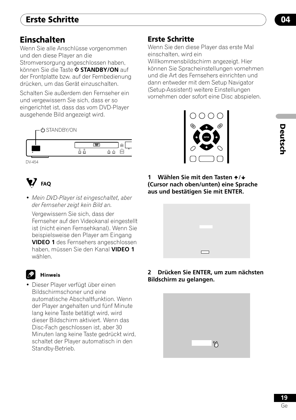 Erste schritte 04, Einschalten, Deutsch | Erste schritte, 1wählen sie mit den tasten | Pioneer DV-454-S User Manual | Page 73 / 108