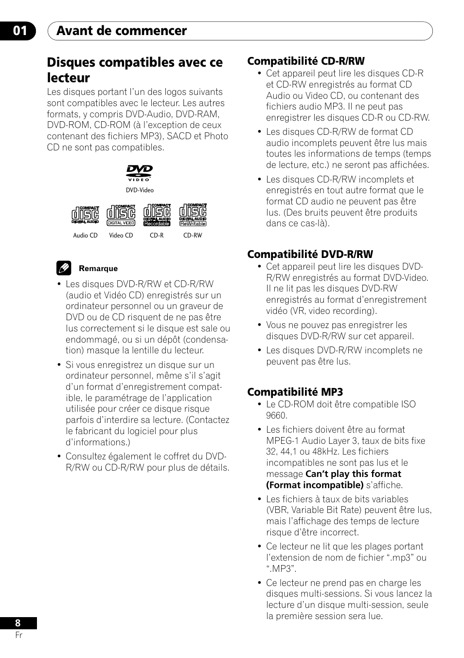 Disques compatibles avec ce lecteur, Avant de commencer 01 | Pioneer DV-454-S User Manual | Page 8 / 108