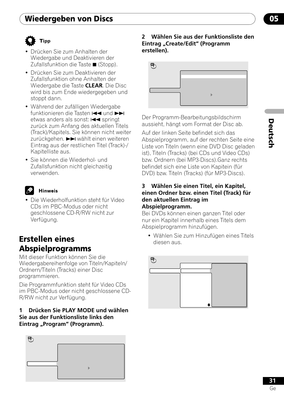 Wiedergeben von discs 05, Erstellen eines abspielprogramms, Deutsch | Pioneer DV-454-S User Manual | Page 85 / 108