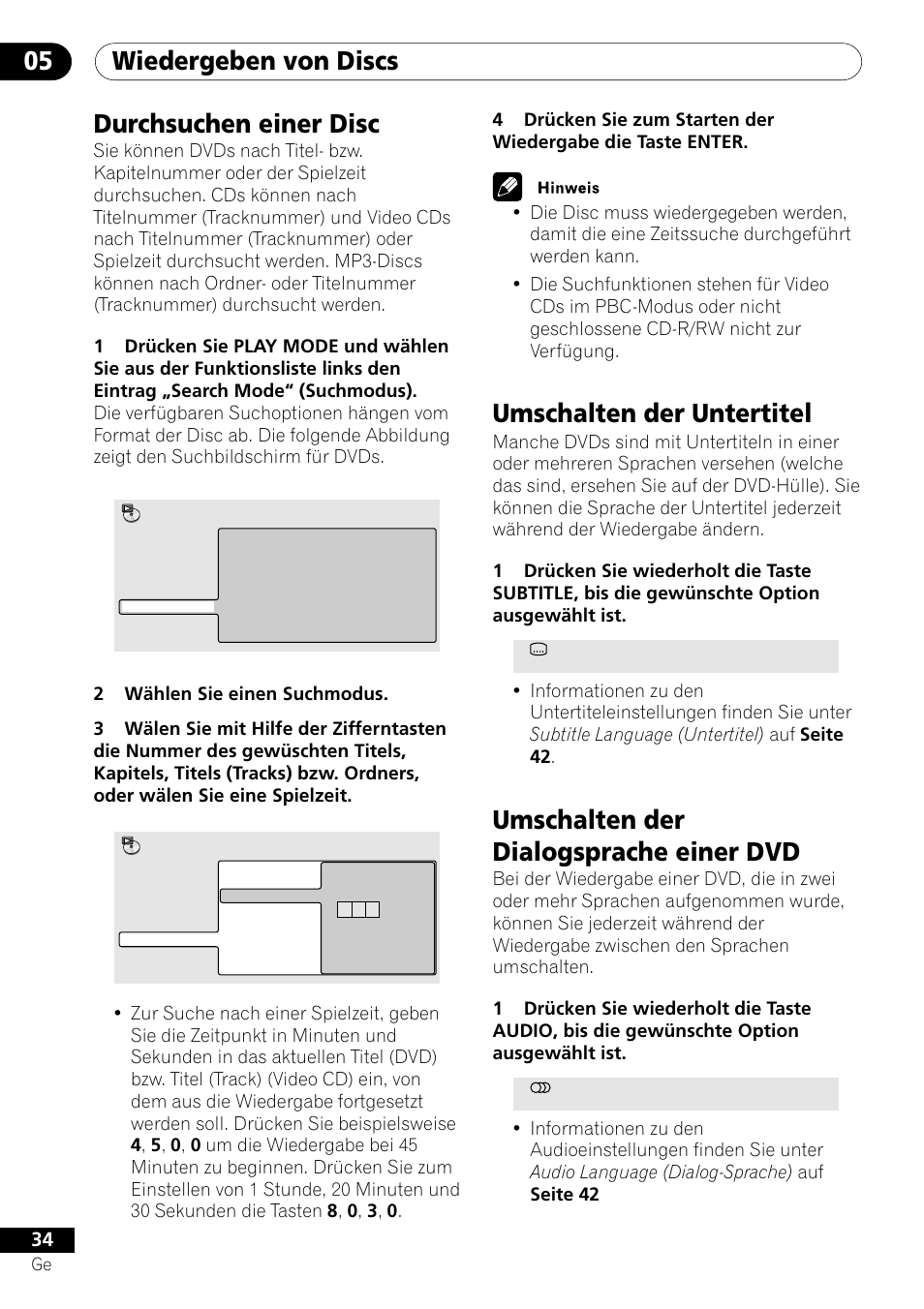 Wiedergeben von discs 05, Durchsuchen einer disc, Umschalten der untertitel | Umschalten der dialogsprache einer dvd | Pioneer DV-454-S User Manual | Page 88 / 108