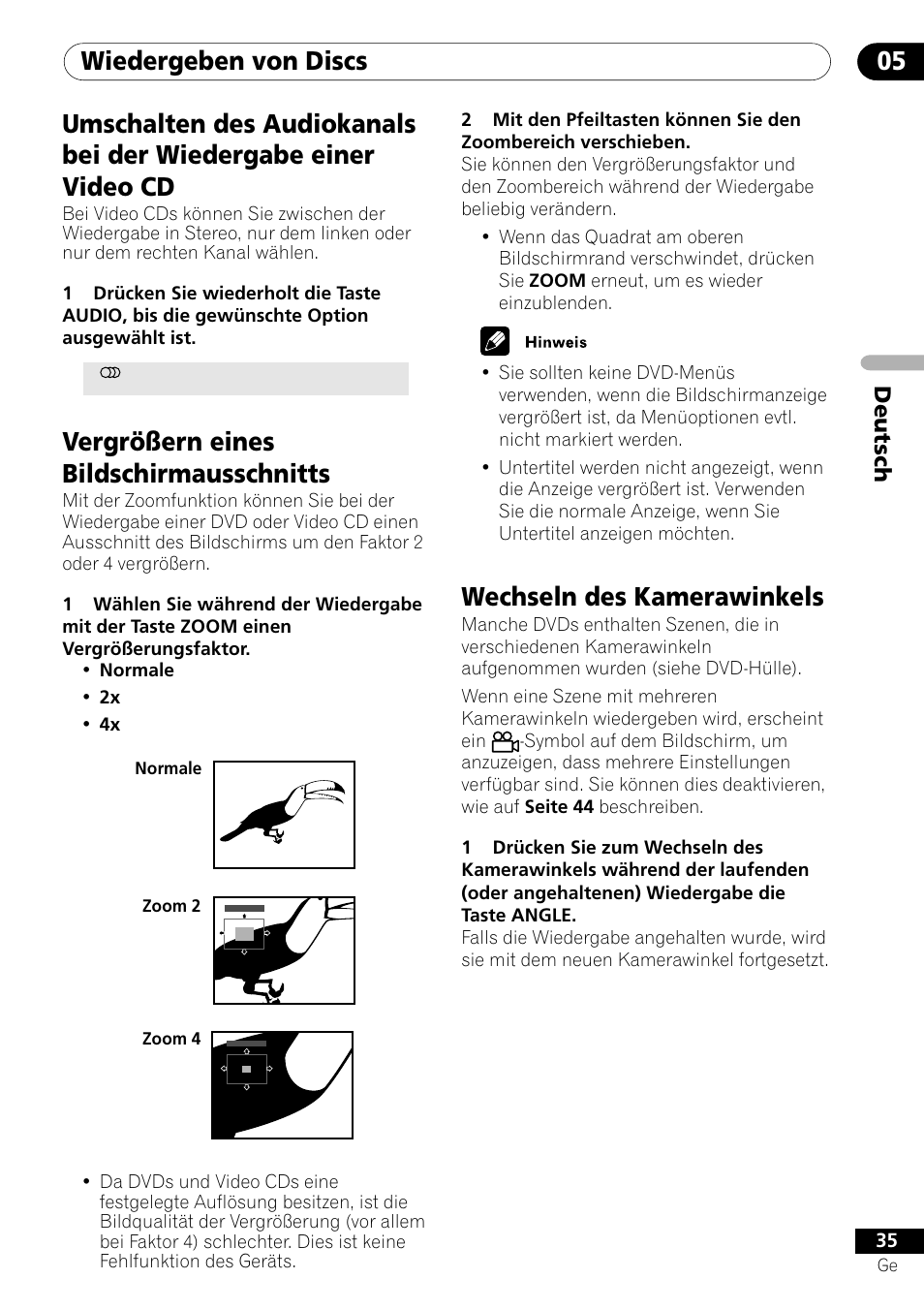 Wiedergeben von discs 05, Vergrößern eines bildschirmausschnitts, Wechseln des kamerawinkels | Deutsch | Pioneer DV-454-S User Manual | Page 89 / 108