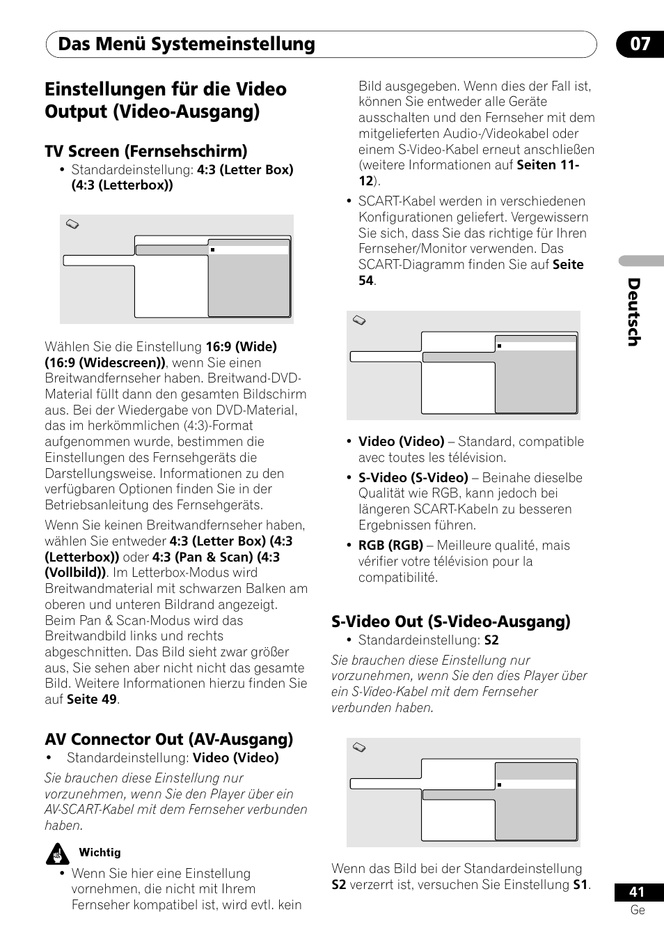 Das menü systemeinstellung 07, Einstellungen für die video output (video-ausgang), Deutsch | Tv screen (fernsehschirm), Av connector out (av-ausgang), S-video out (s-video-ausgang) | Pioneer DV-454-S User Manual | Page 95 / 108