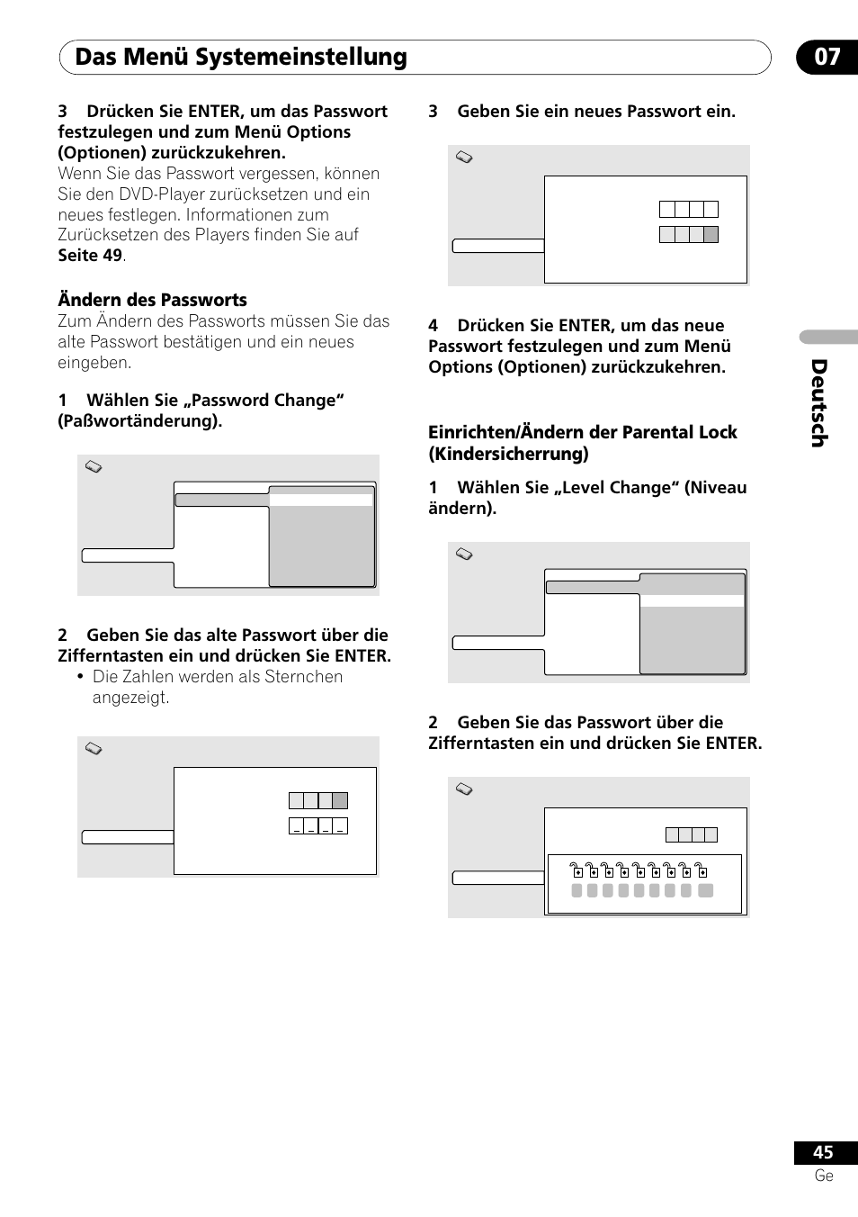 Das menü systemeinstellung 07, Deutsch, Ändern des passworts | 3geben sie ein neues passwort ein, 1wählen sie „level change“ (niveau ändern) | Pioneer DV-454-S User Manual | Page 99 / 108