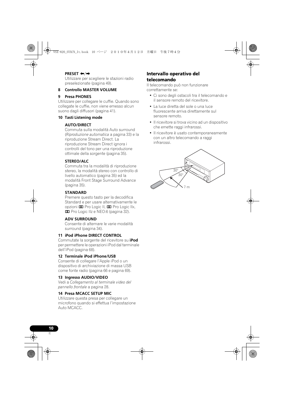 Intervallo operativo del telecomando | Pioneer VSX-820-S User Manual | Page 10 / 324