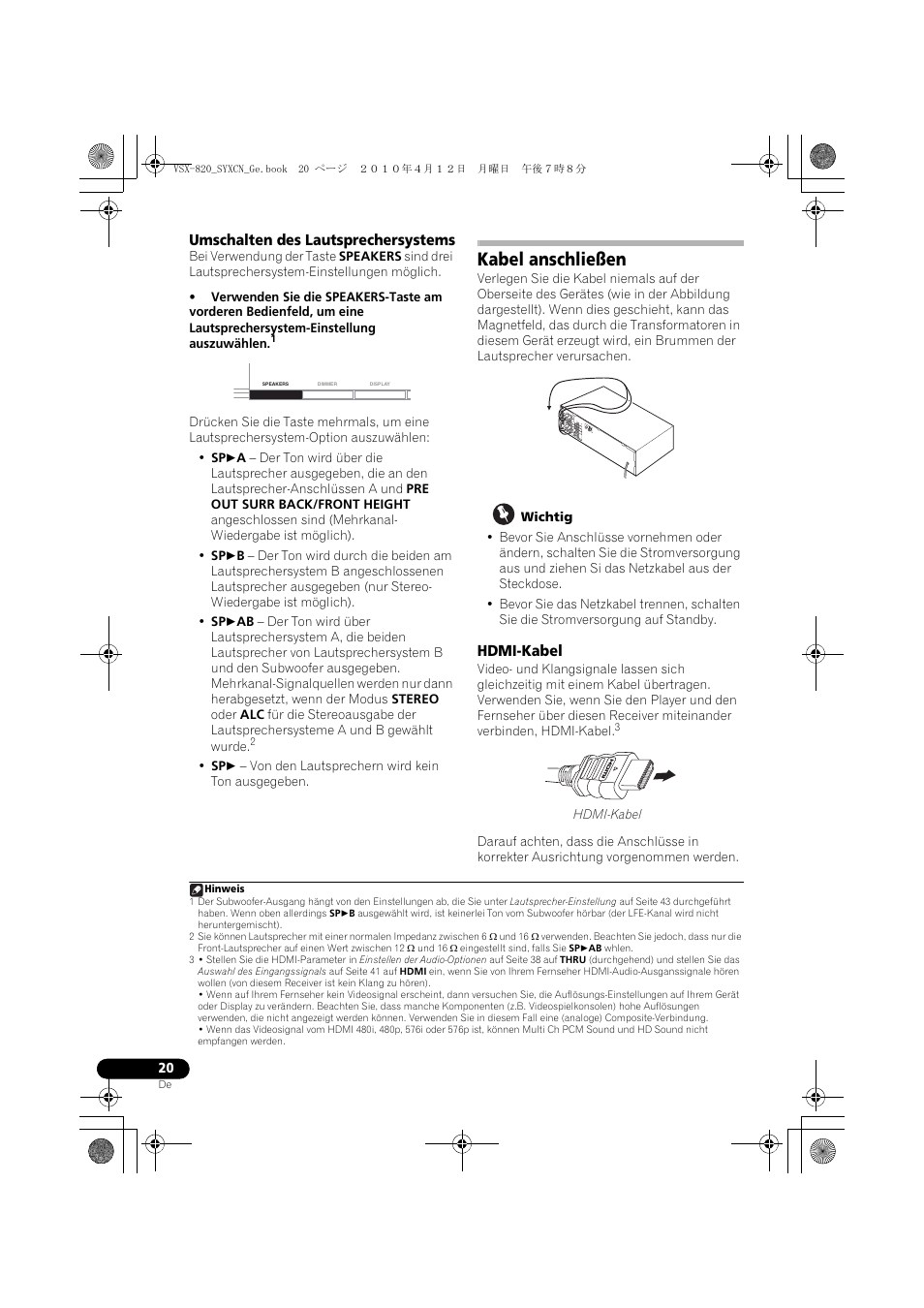 Umschalten des lautsprechersystems, Kabel anschließen, Hdmi-kabel | Pioneer VSX-820-S User Manual | Page 100 / 324