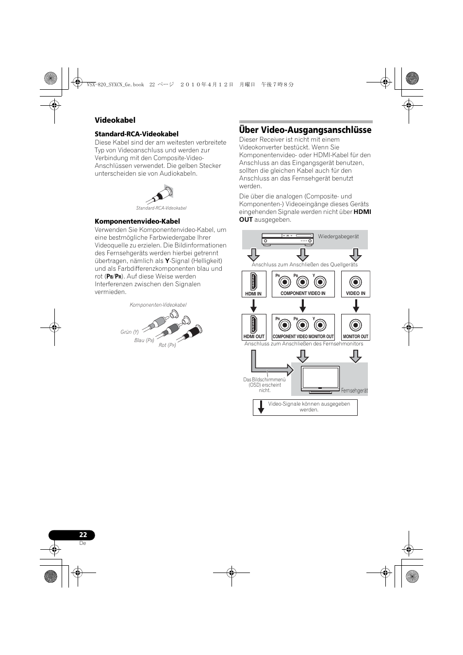 Videokabel, Über video-ausgangsanschlüsse | Pioneer VSX-820-S User Manual | Page 102 / 324