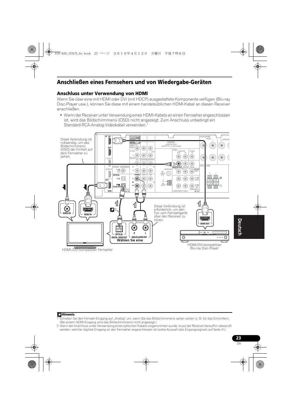 Anschluss unter verwendung von hdmi, Hinweis | Pioneer VSX-820-S User Manual | Page 103 / 324