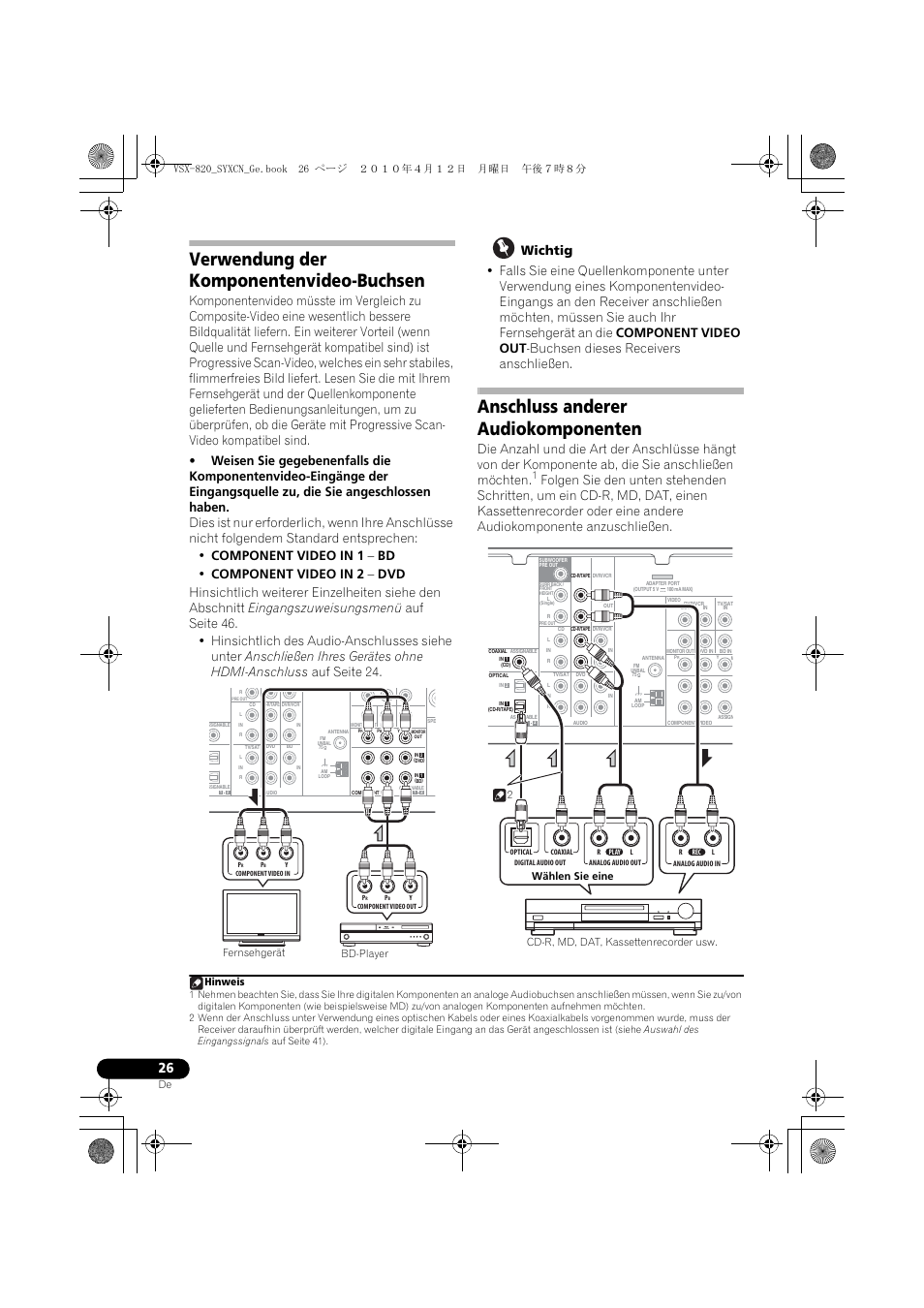 Verwendung der komponentenvideo-buchsen, Anschluss anderer audiokomponenten, Bd-player fernsehgerät hinweis | Pioneer VSX-820-S User Manual | Page 106 / 324