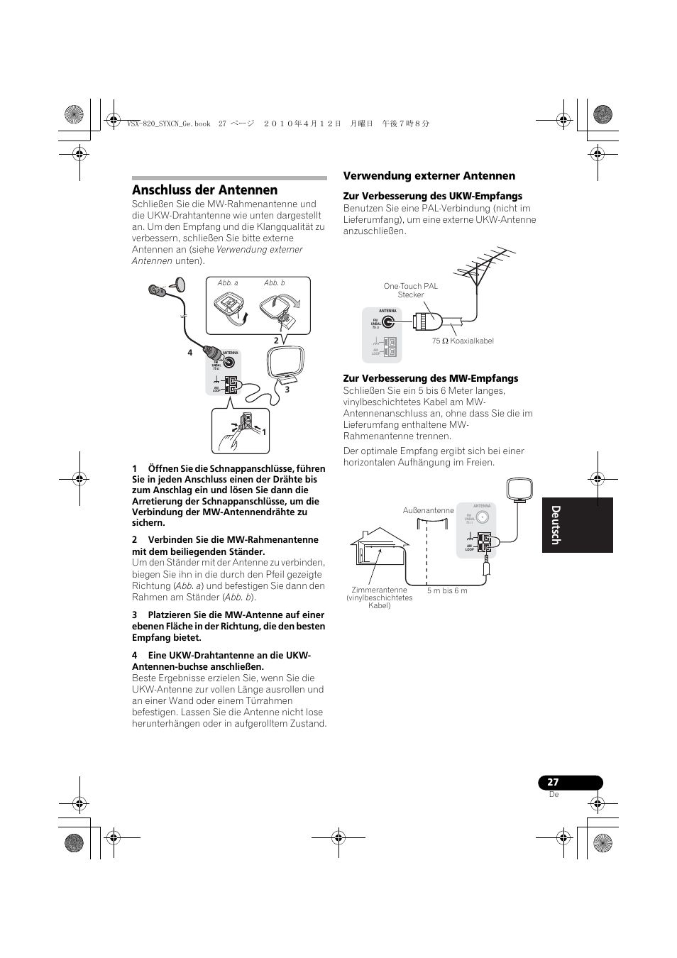 Anschluss der antennen, Verwendung externer antennen, Zur verbesserung des ukw-empfangs | Zur verbesserung des mw-empfangs | Pioneer VSX-820-S User Manual | Page 107 / 324