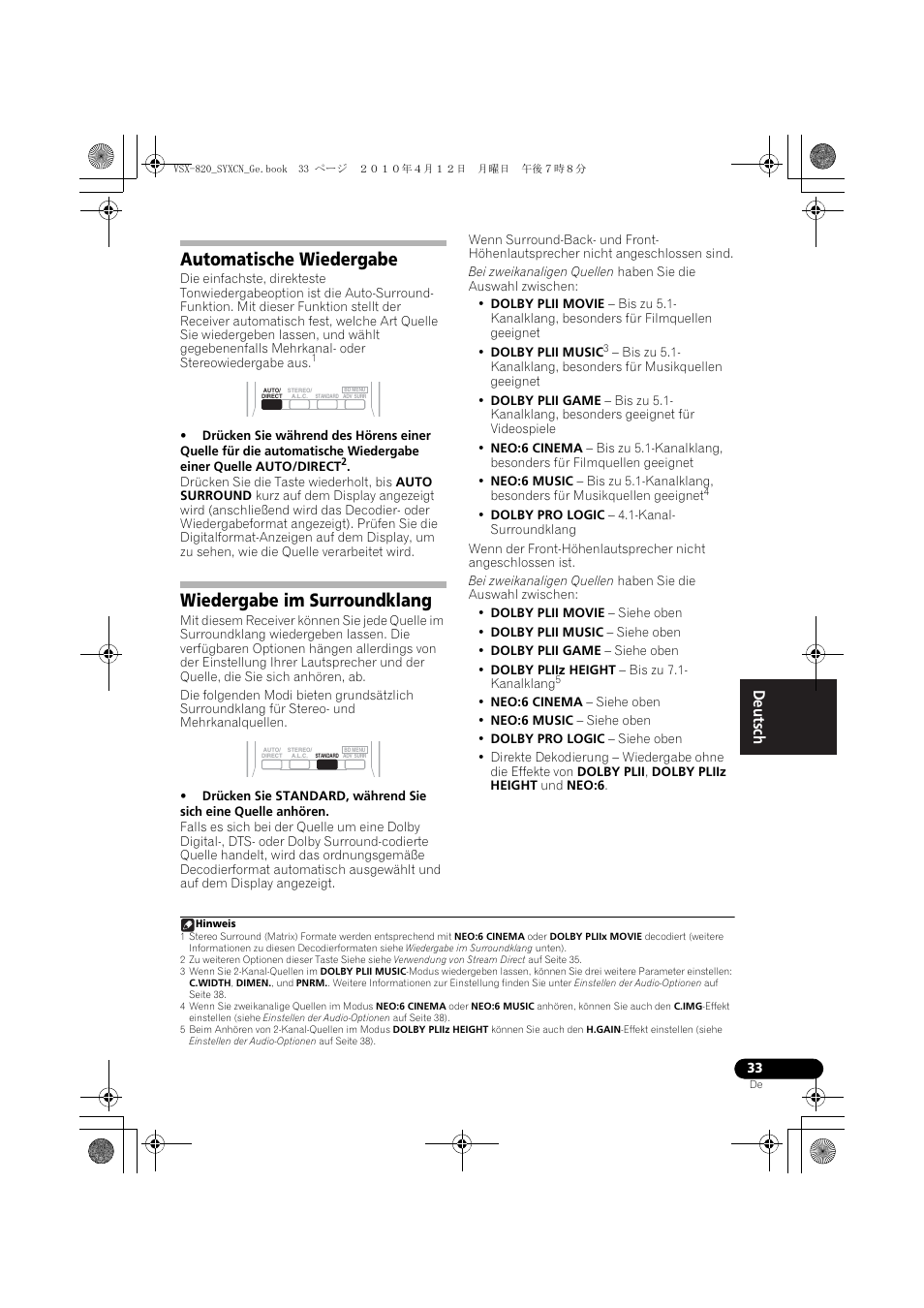 Automatische wiedergabe, Wiedergabe im surroundklang | Pioneer VSX-820-S User Manual | Page 113 / 324