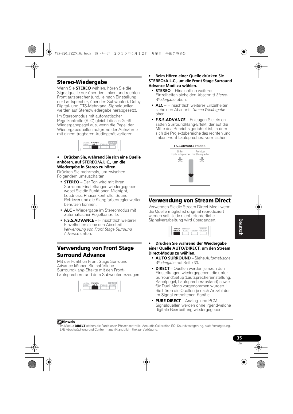 Stereo-wiedergabe, Verwendung von front stage surround advance, Verwendung von stream direct | Pioneer VSX-820-S User Manual | Page 115 / 324