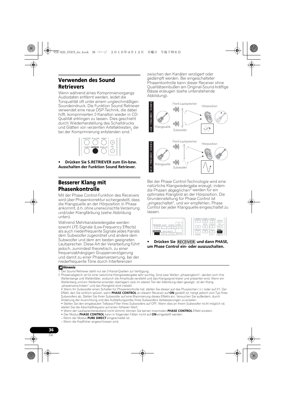 Verwenden des sound retrievers, Besserer klang mit phasenkontrolle, Receiver | Pioneer VSX-820-S User Manual | Page 116 / 324