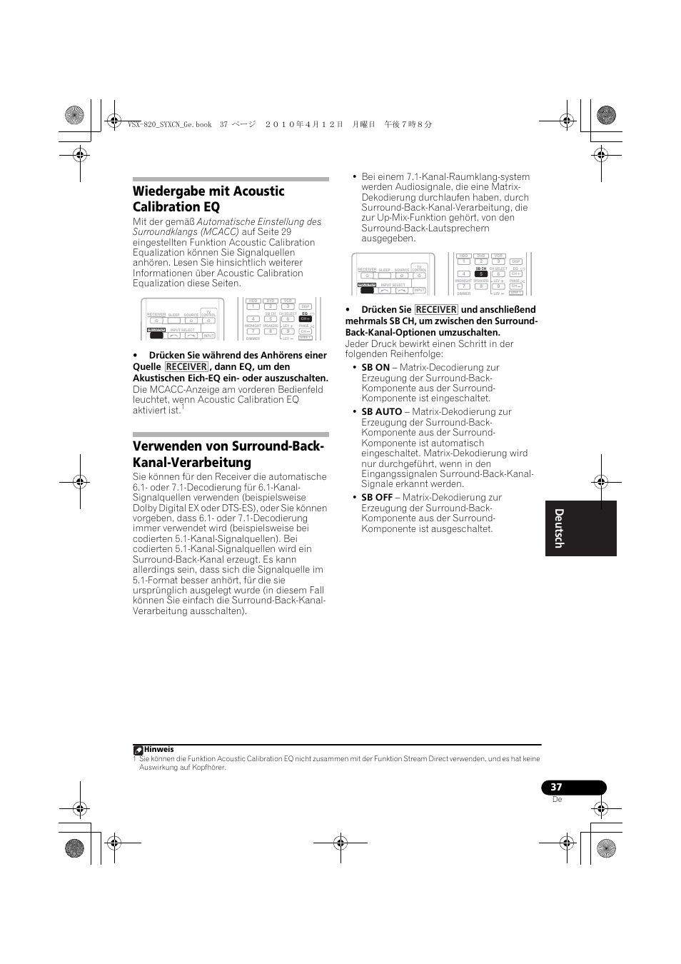 Wiedergabe mit acoustic calibration eq, Verwenden von surround-back- kanal-verarbeitung, Verwenden von surround-back-kanal-verarbeitung | Receiver | Pioneer VSX-820-S User Manual | Page 117 / 324