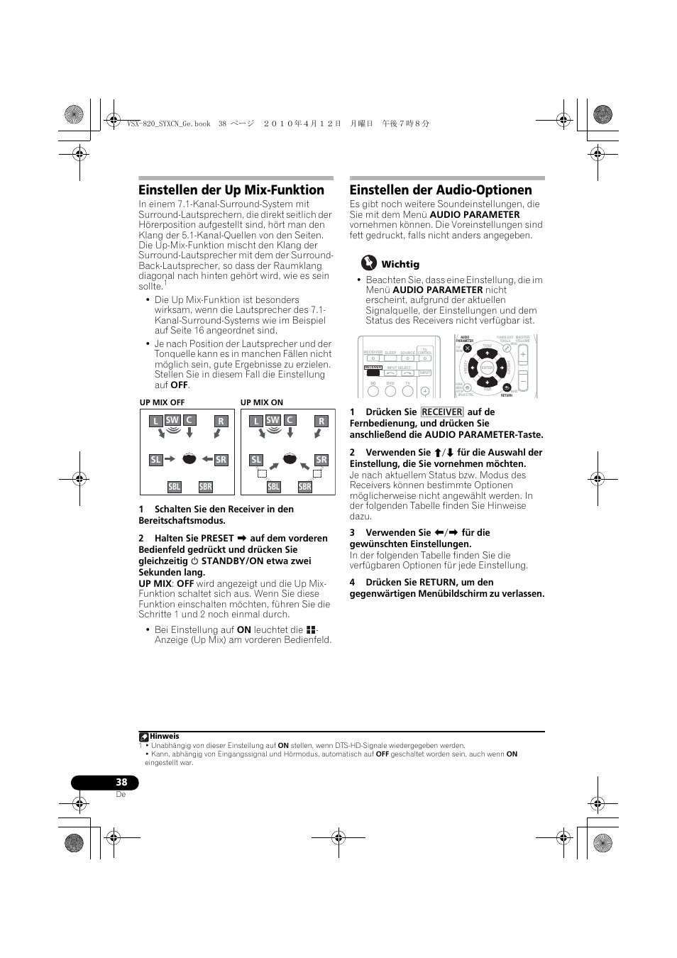 Einstellen der up mix-funktion, Einstellen der audio-optionen | Pioneer VSX-820-S User Manual | Page 118 / 324