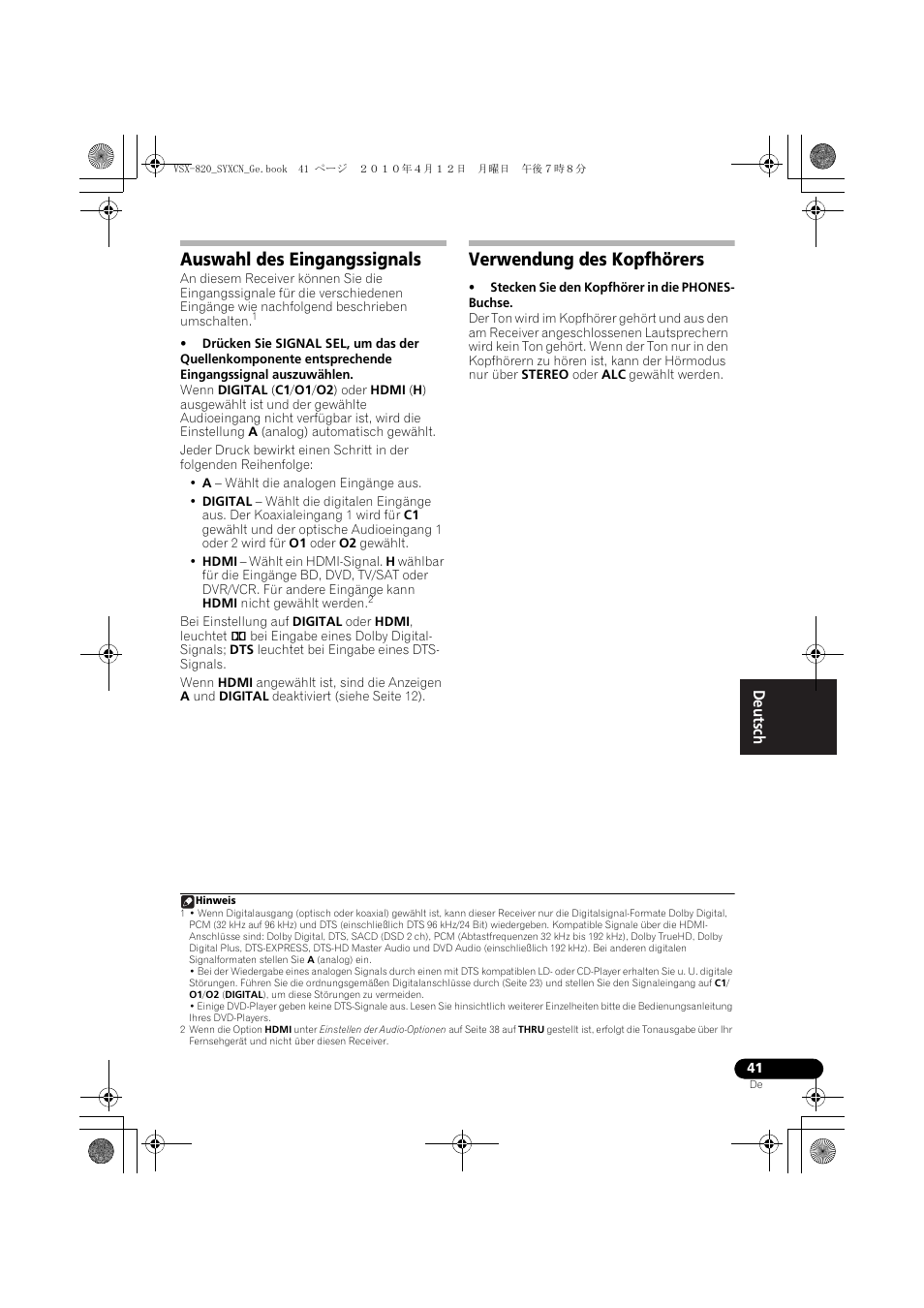 Auswahl des eingangssignals, Verwendung des kopfhörers | Pioneer VSX-820-S User Manual | Page 121 / 324