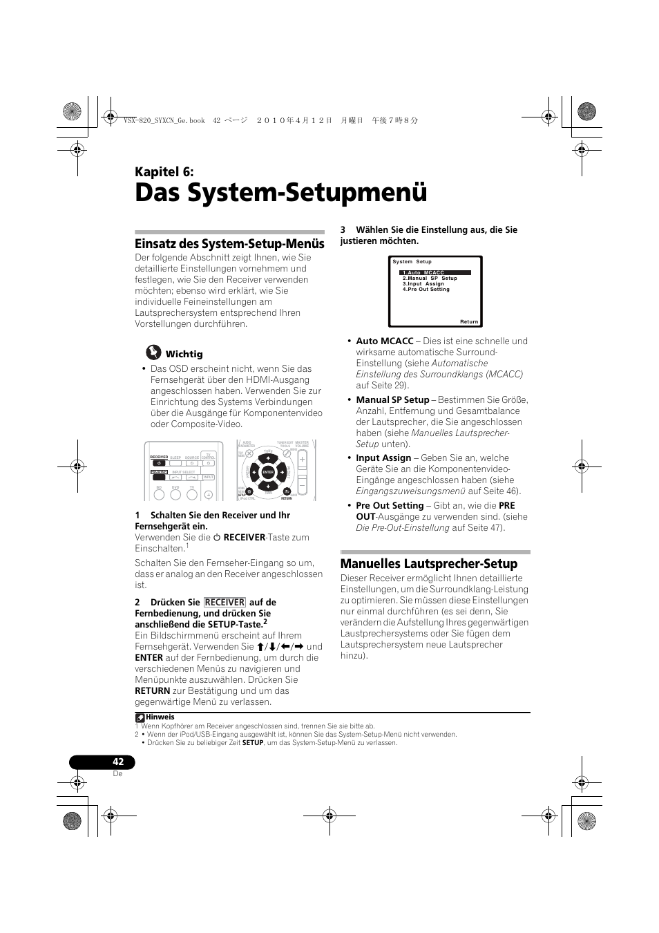 Das system-setupmenü, Einsatz des system-setup-menüs, Manuelles lautsprecher-setup | 06 das system-setupmenü, Kapitel 6, Receiver | Pioneer VSX-820-S User Manual | Page 122 / 324