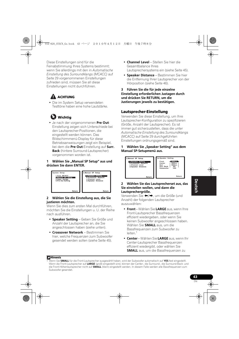 Lautsprecher-einstellung | Pioneer VSX-820-S User Manual | Page 123 / 324