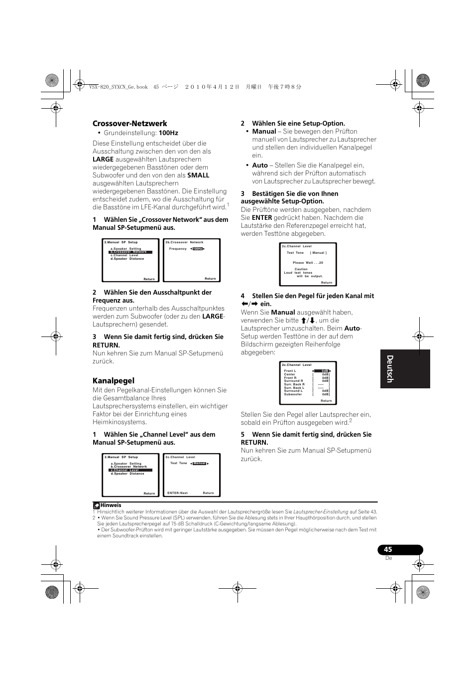 Crossover-netzwerk, Kanalpegel | Pioneer VSX-820-S User Manual | Page 125 / 324