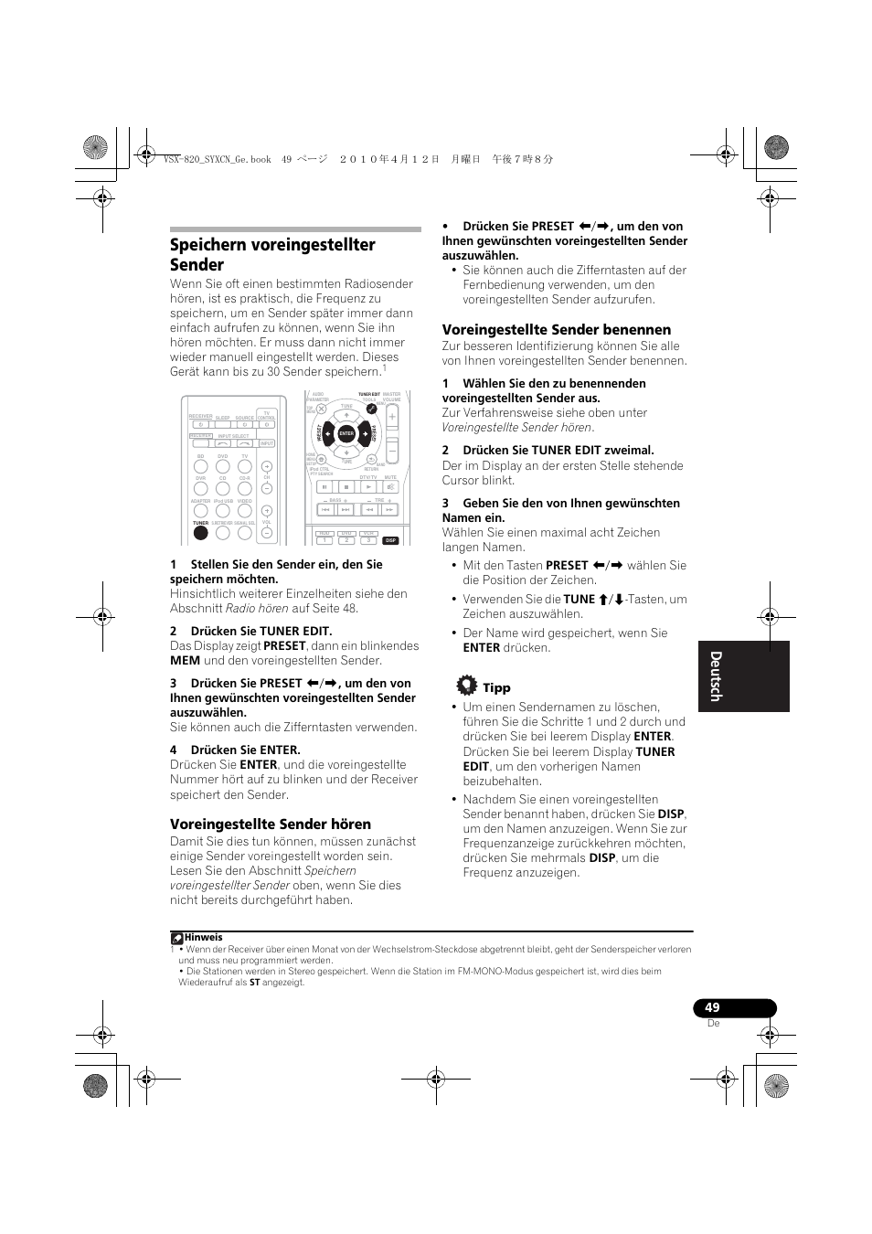 Speichern voreingestellter sender, Voreingestellte sender hören, Voreingestellte sender benennen | Pioneer VSX-820-S User Manual | Page 129 / 324