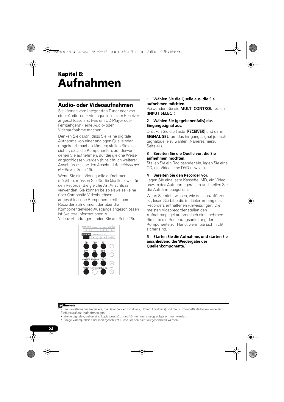 Aufnahmen, Audio- oder videoaufnahmen, 08 aufnahmen | Kapitel 8 | Pioneer VSX-820-S User Manual | Page 132 / 324