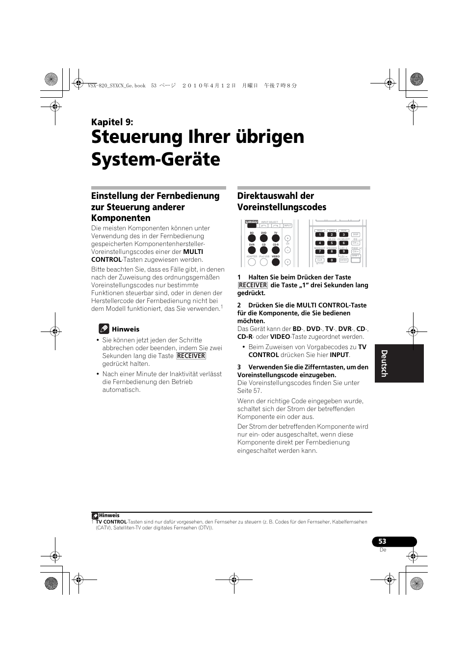 Steuerung ihrer übrigen system-geräte, Direktauswahl der voreinstellungscodes, 09 steuerung ihrer übrigen system-geräte | Kapitel 9 | Pioneer VSX-820-S User Manual | Page 133 / 324