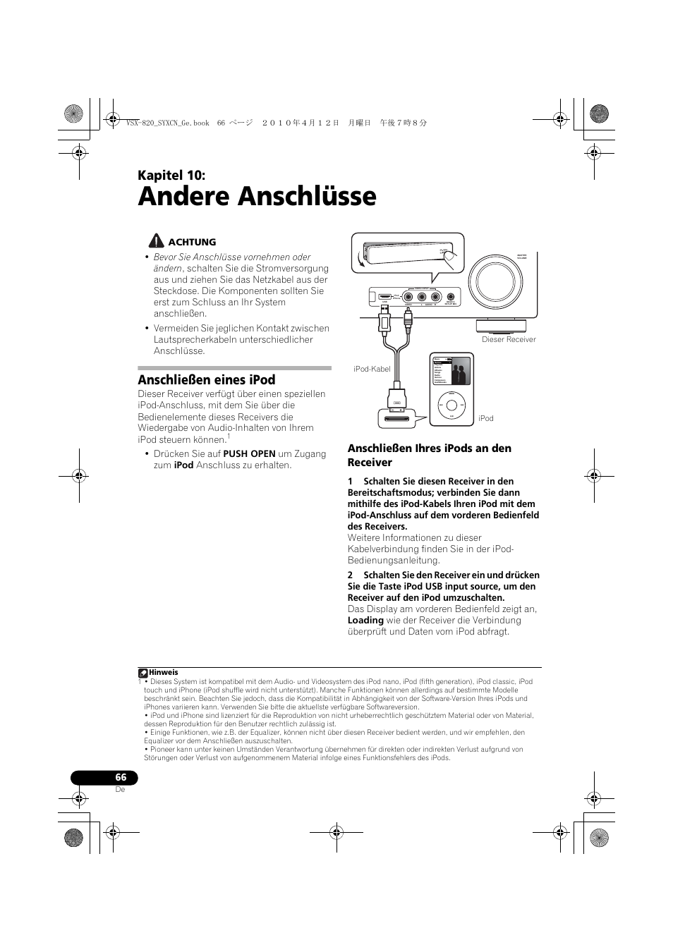 Andere anschlüsse, Anschließen eines ipod, Anschließen ihres ipods an den receiver | 10 andere anschlüsse, Kapitel 10 | Pioneer VSX-820-S User Manual | Page 146 / 324