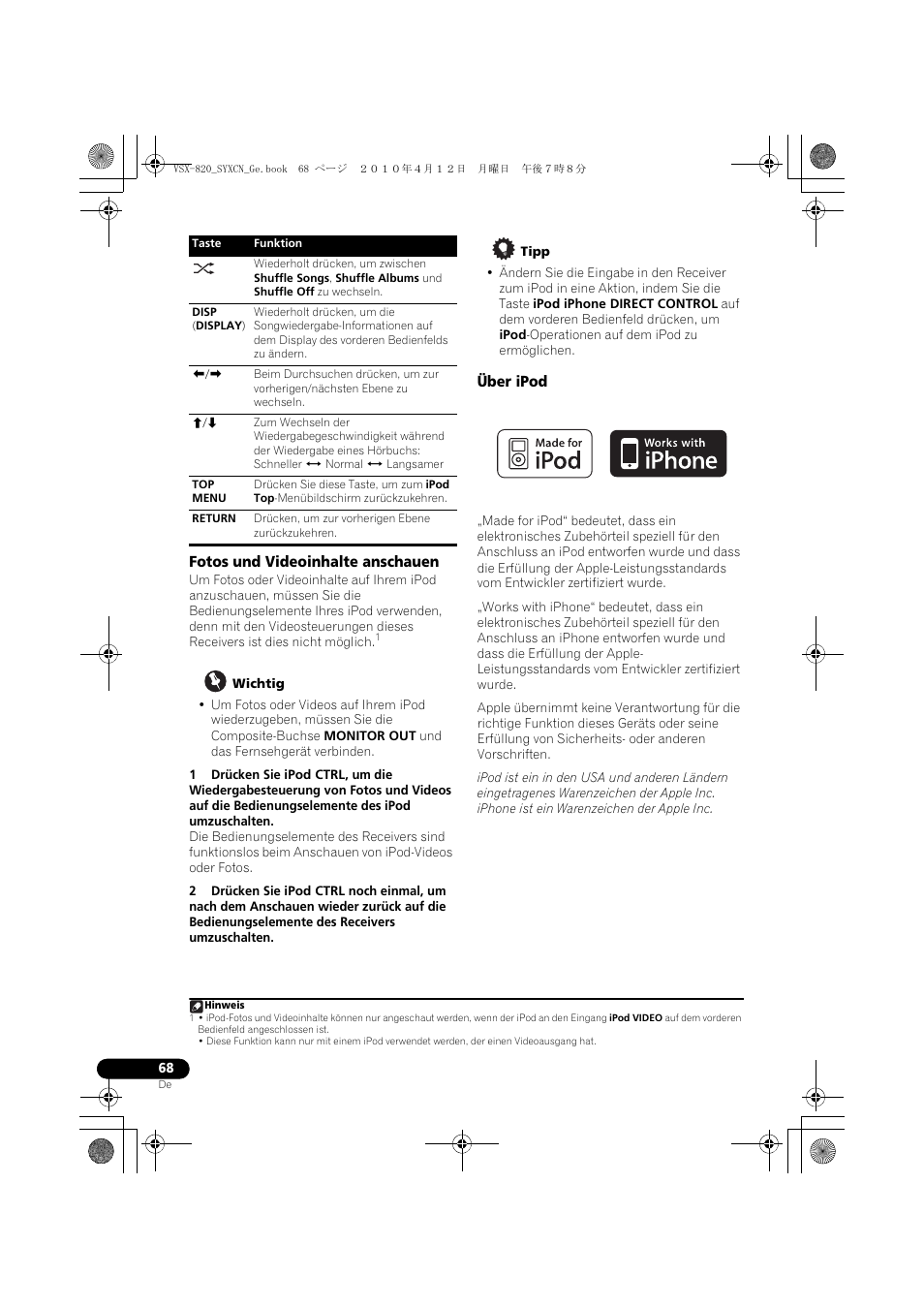 Fotos und videoinhalte anschauen, Über ipod | Pioneer VSX-820-S User Manual | Page 148 / 324