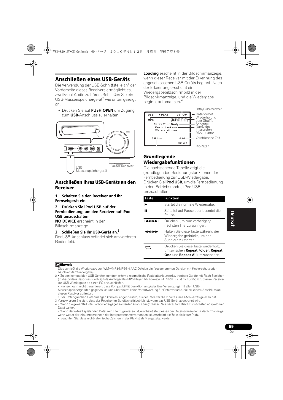 Anschließen eines usb-geräts, Anschließen ihres usb-geräts an den receiver, Grundlegende wiedergabefunktionen | Pioneer VSX-820-S User Manual | Page 149 / 324