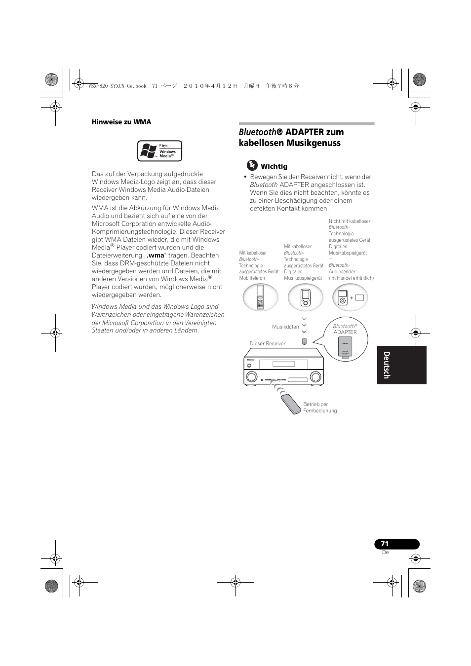 Bluetooth® adapter zum kabellosen musikgenuss, Bluetooth ® adapter zum kabellosen musikgenuss | Pioneer VSX-820-S User Manual | Page 151 / 324
