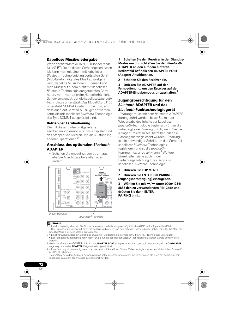 Kabellose musikwiedergabe, Anschluss des optionalen bluetooth adapter, Betrieb per fernbedienung | Pioneer VSX-820-S User Manual | Page 152 / 324