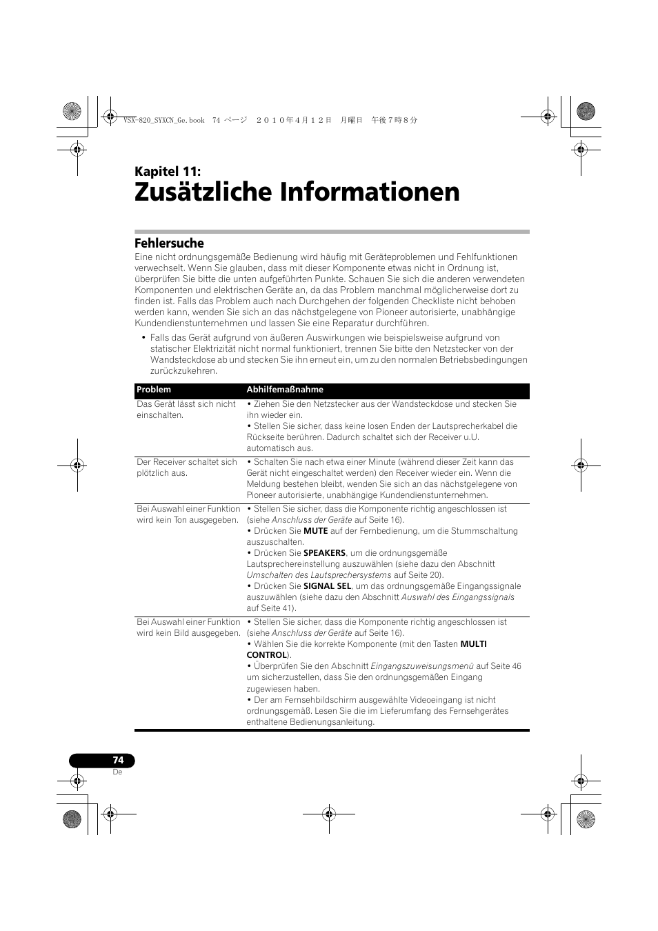 Zusätzliche informationen, Fehlersuche, 11 zusätzliche informationen | Kapitel 11 | Pioneer VSX-820-S User Manual | Page 154 / 324