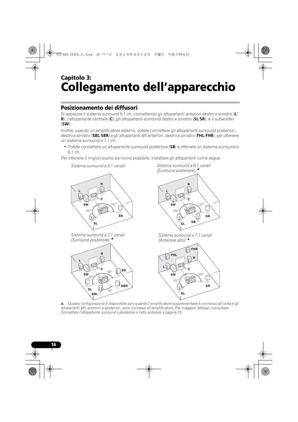 Collegamento dell’apparecchio, Posizionamento dei diffusori, 03 collegamento dell’apparecchio | Capitolo 3 | Pioneer VSX-820-S User Manual | Page 16 / 324