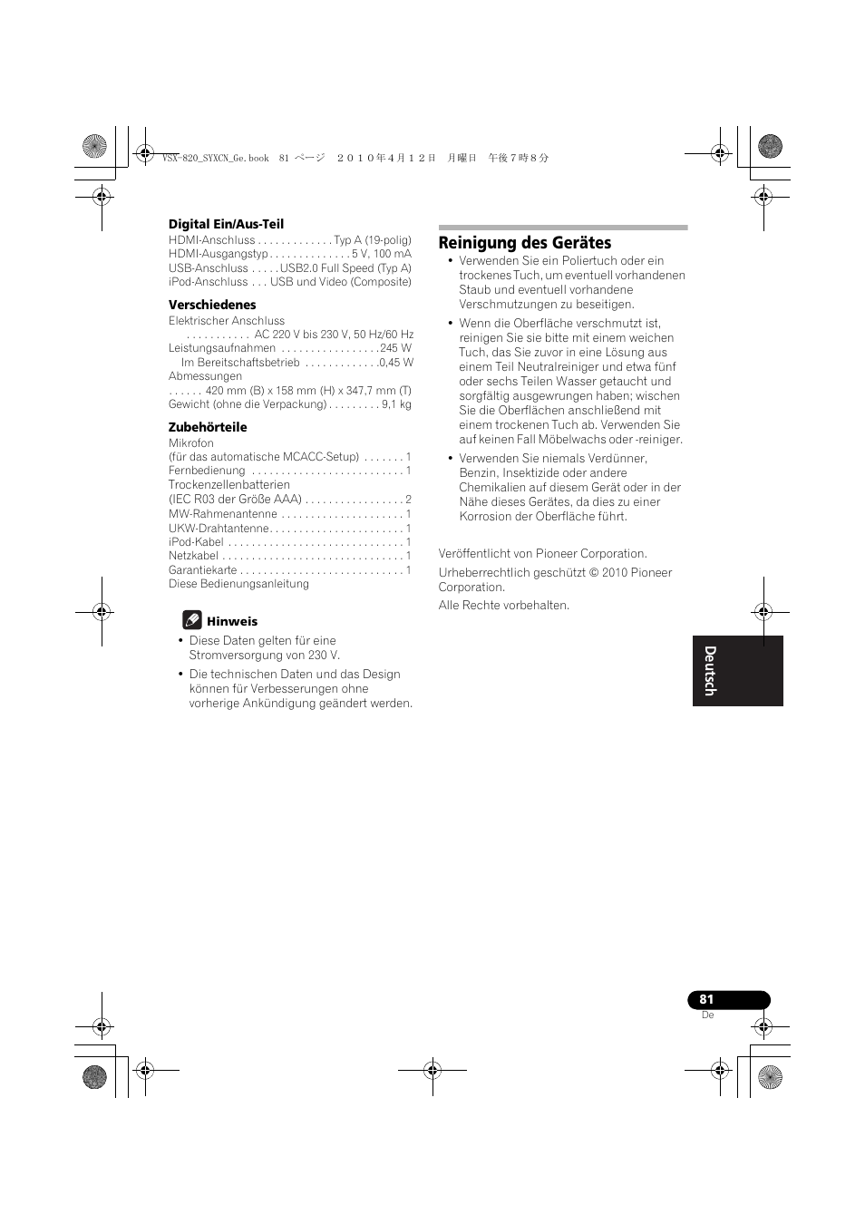 Reinigung des gerätes | Pioneer VSX-820-S User Manual | Page 161 / 324