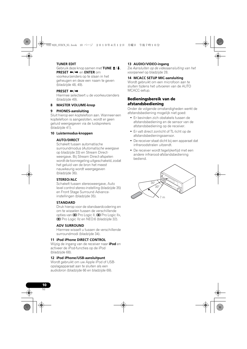 Bedieningsbereik van de afstandsbediening | Pioneer VSX-820-S User Manual | Page 170 / 324