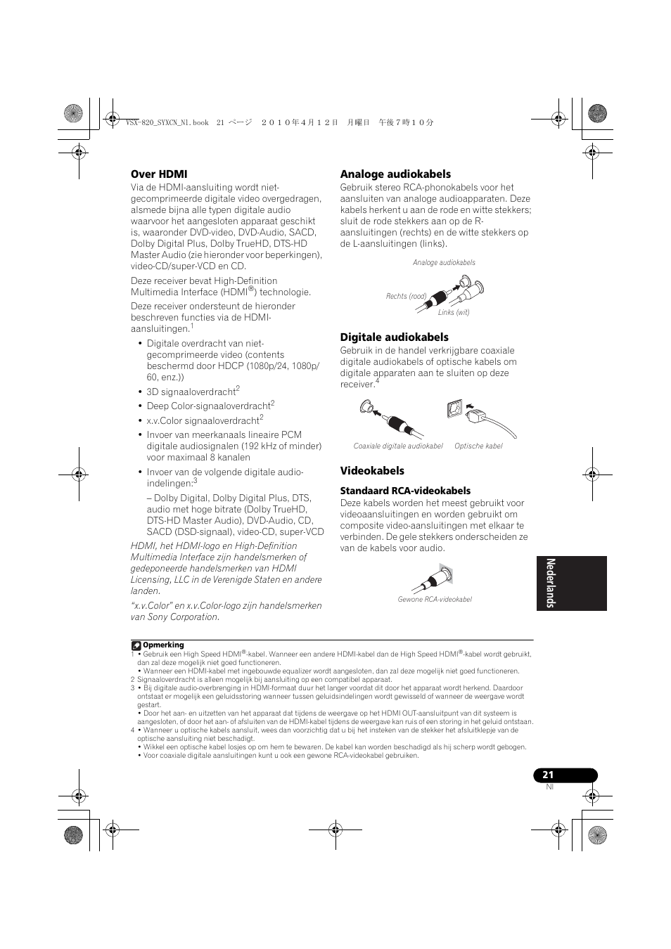 Over hdmi, Analoge audiokabels, Digitale audiokabels | Videokabels | Pioneer VSX-820-S User Manual | Page 181 / 324