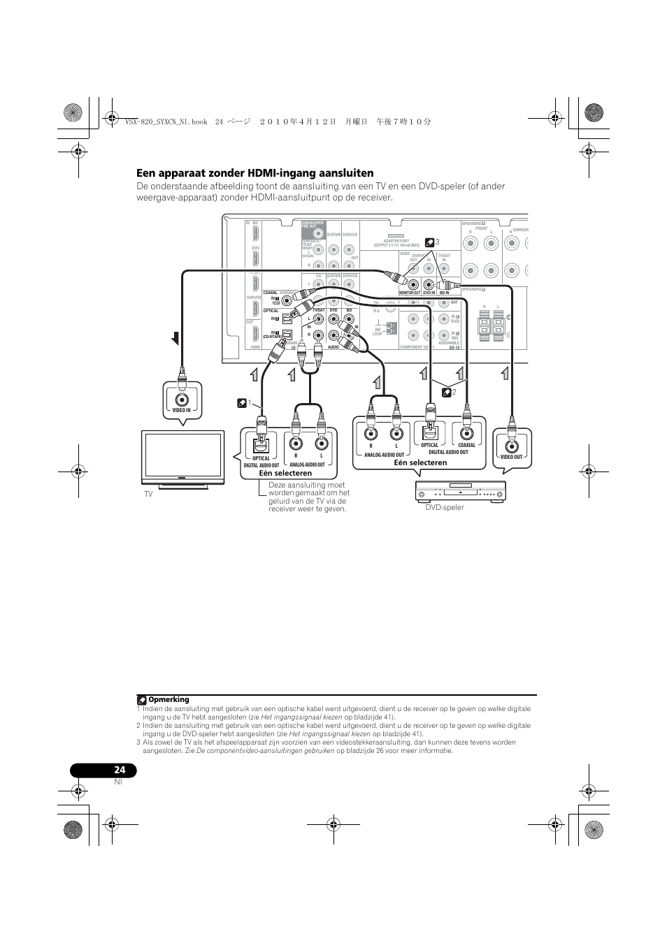 Een apparaat zonder hdmi-ingang aansluiten, Opmerking | Pioneer VSX-820-S User Manual | Page 184 / 324