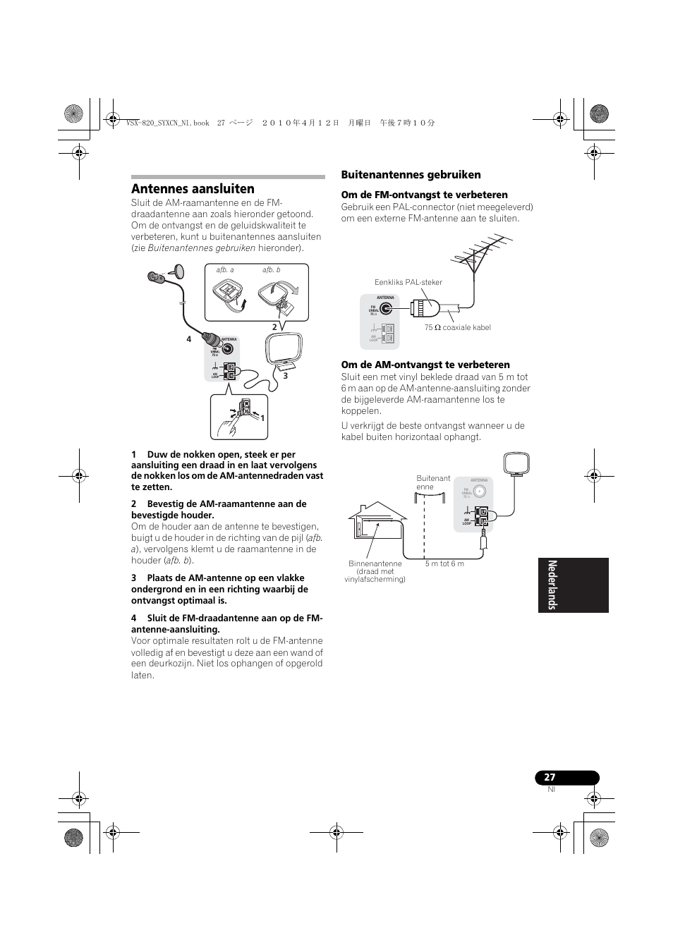 Antennes aansluiten, Buitenantennes gebruiken, Om de fm-ontvangst te verbeteren | Om de am-ontvangst te verbeteren | Pioneer VSX-820-S User Manual | Page 187 / 324