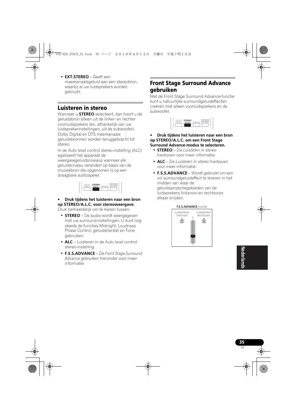 Luisteren in stereo, Front stage surround advance gebruiken | Pioneer VSX-820-S User Manual | Page 195 / 324