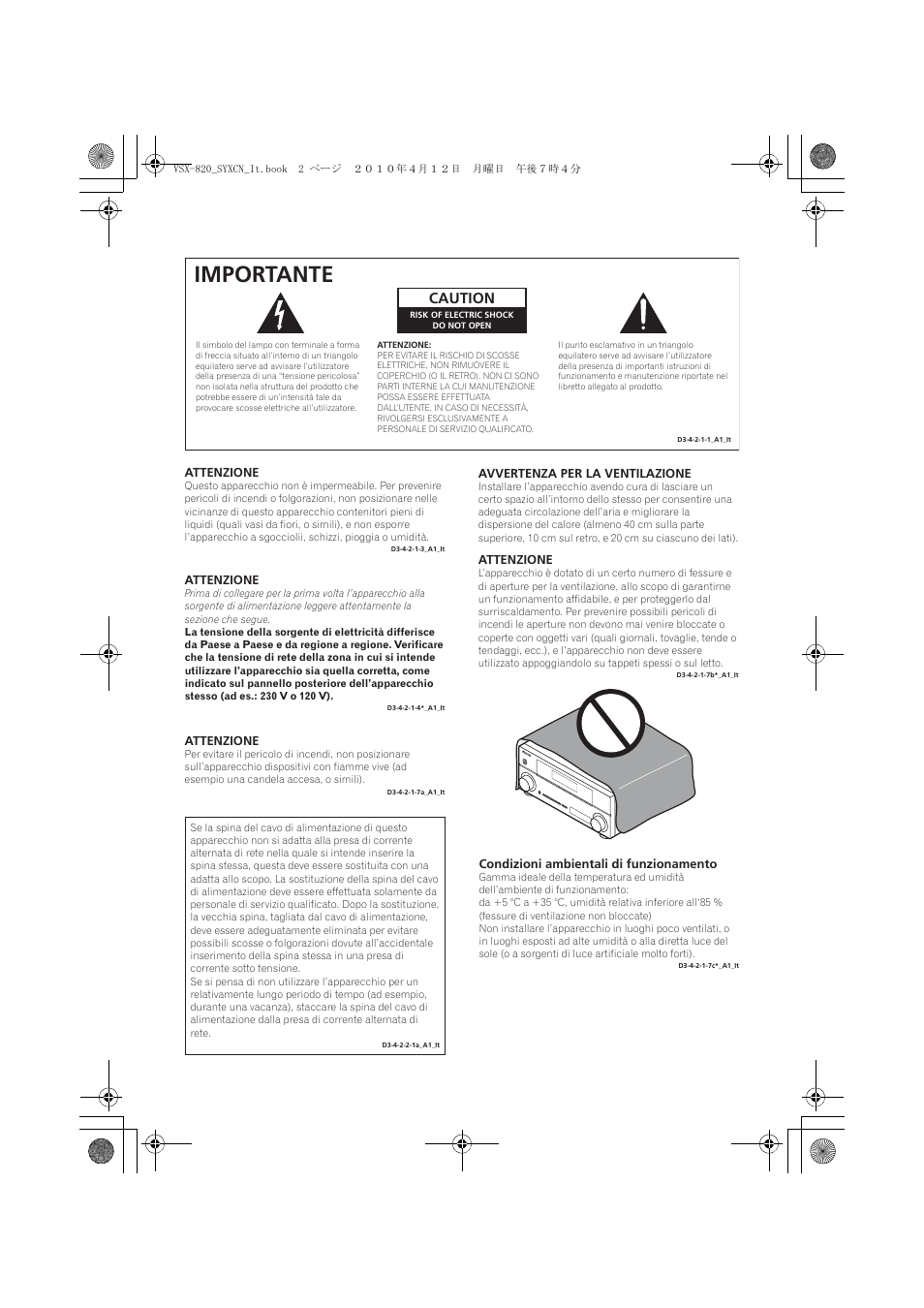 Importante, Caution | Pioneer VSX-820-S User Manual | Page 2 / 324