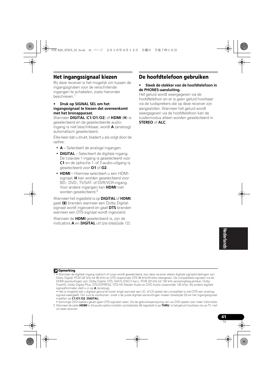 Het ingangssignaal kiezen, De hoofdtelefoon gebruiken | Pioneer VSX-820-S User Manual | Page 201 / 324