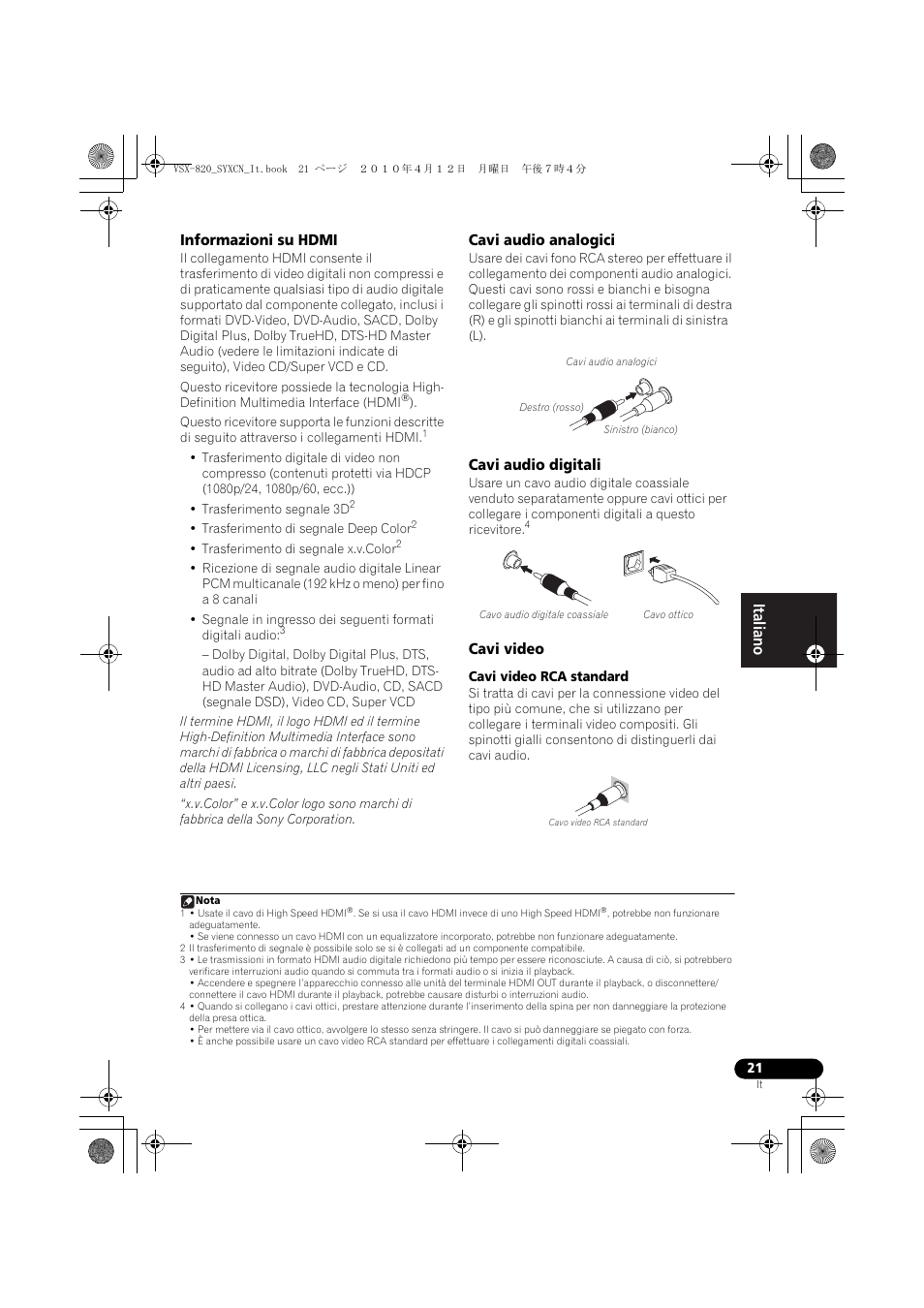 Informazioni su hdmi, Cavi audio analogici, Cavi audio digitali | Cavi video | Pioneer VSX-820-S User Manual | Page 21 / 324