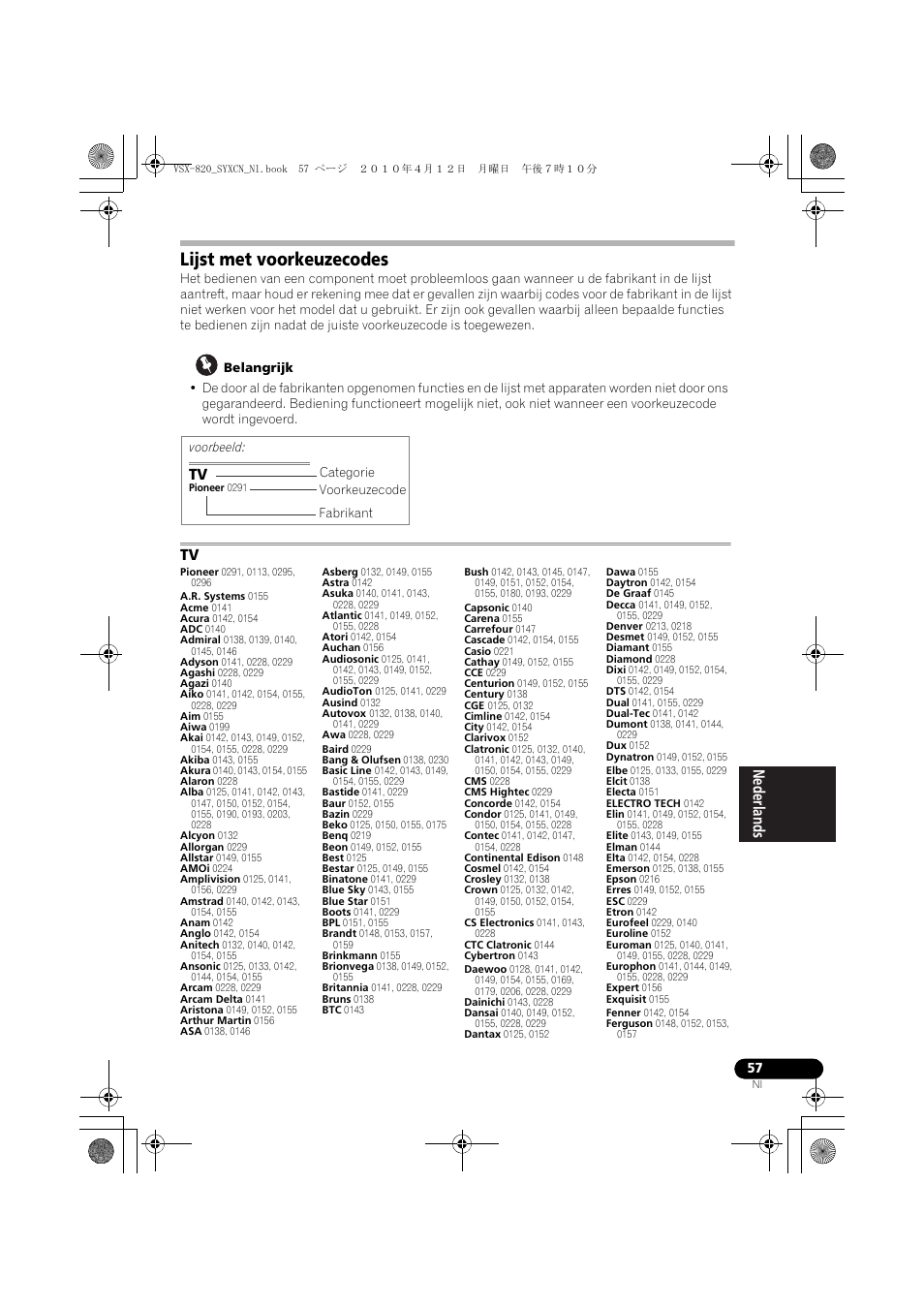 Lijst met voorkeuzecodes | Pioneer VSX-820-S User Manual | Page 217 / 324