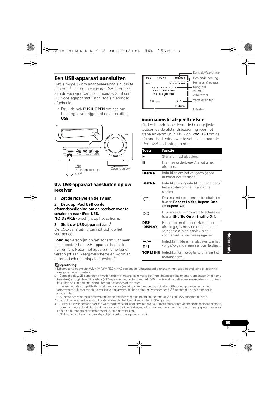 Een usb-apparaat aansluiten, Uw usb-apparaat aansluiten op uw receiver, Voornaamste afspeeltoetsen | Pioneer VSX-820-S User Manual | Page 229 / 324