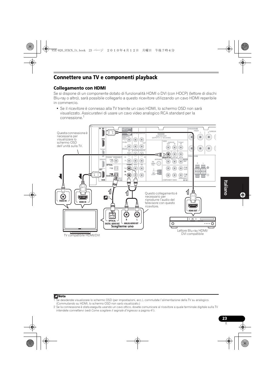 Connettere una tv e componenti playback, Collegamento con hdmi, Nota | Pioneer VSX-820-S User Manual | Page 23 / 324
