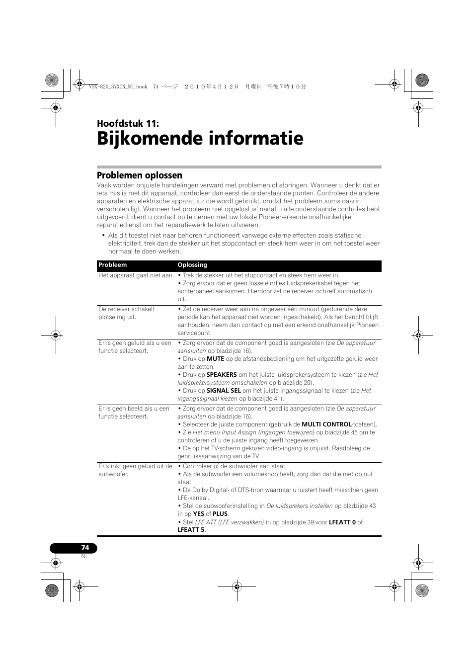 Bijkomende informatie, Problemen oplossen, 11 bijkomende informatie | Hoofdstuk 11 | Pioneer VSX-820-S User Manual | Page 234 / 324