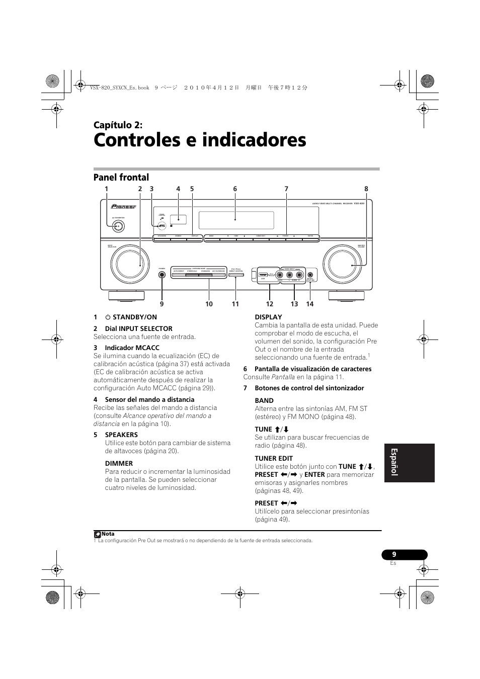 Controles e indicadores, Panel frontal, 02 controles e indicadores | Capítulo 2 | Pioneer VSX-820-S User Manual | Page 249 / 324