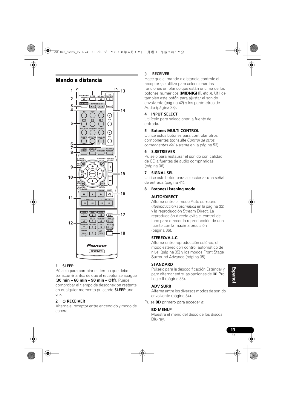 Mando a distancia, Receiver | Pioneer VSX-820-S User Manual | Page 253 / 324