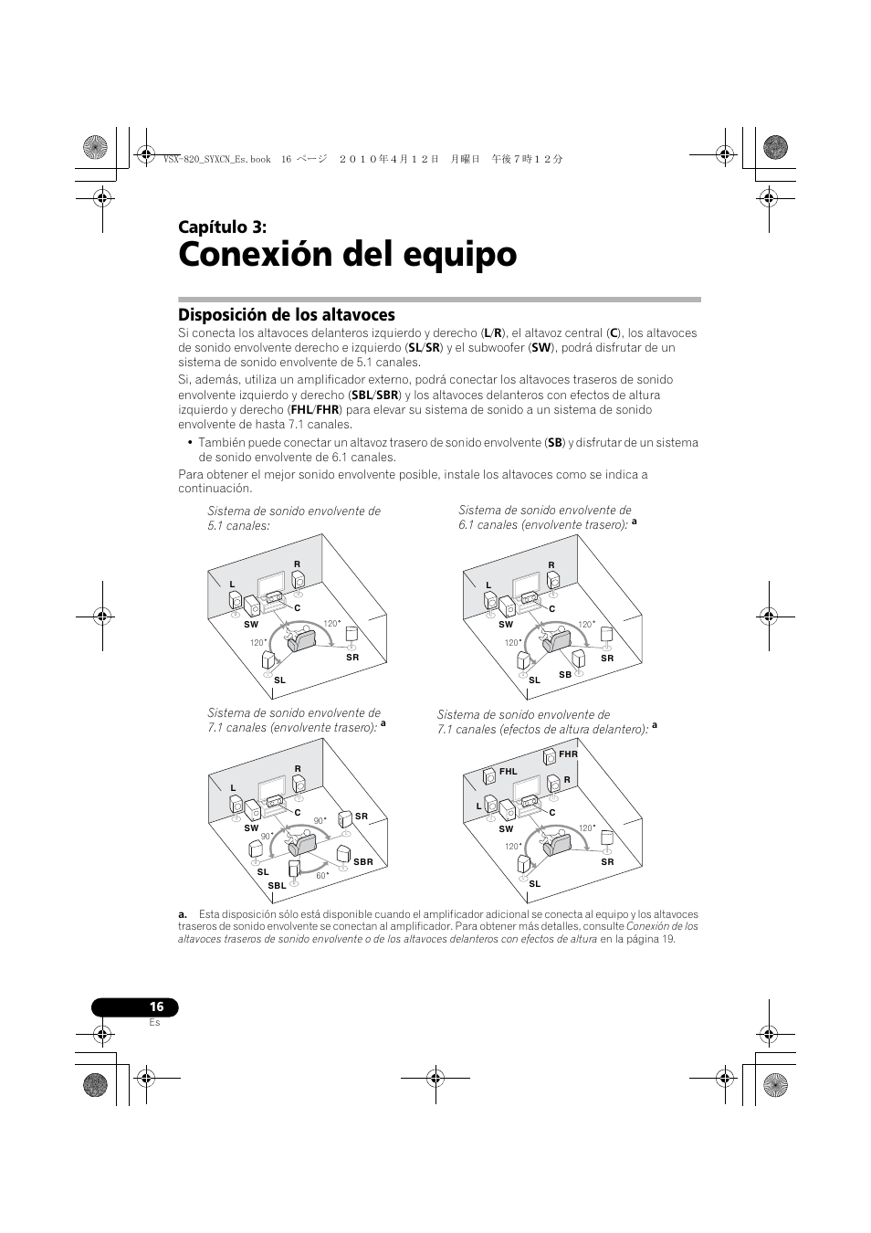 Conexión del equipo, Disposición de los altavoces, 03 conexión del equipo | Capítulo 3 | Pioneer VSX-820-S User Manual | Page 256 / 324